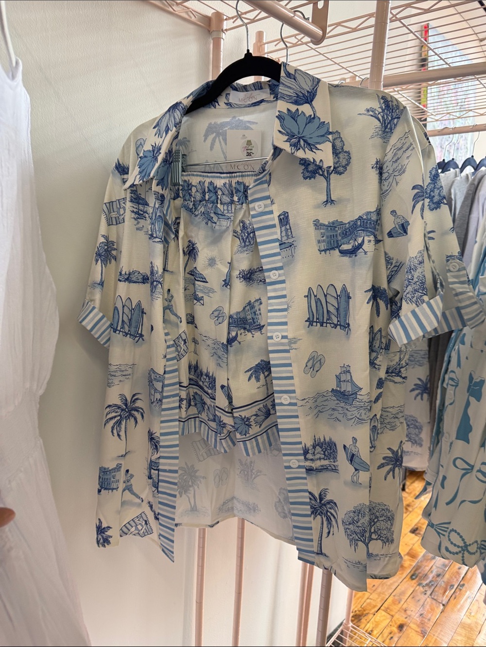 White and Blue Printed Bermuda Shorts & Shirt set